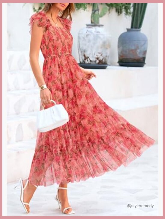 Tulle Midi Dress Sleeveless Smocked Ruffle Flowy Mesh Sundress - Picture 4 of 7